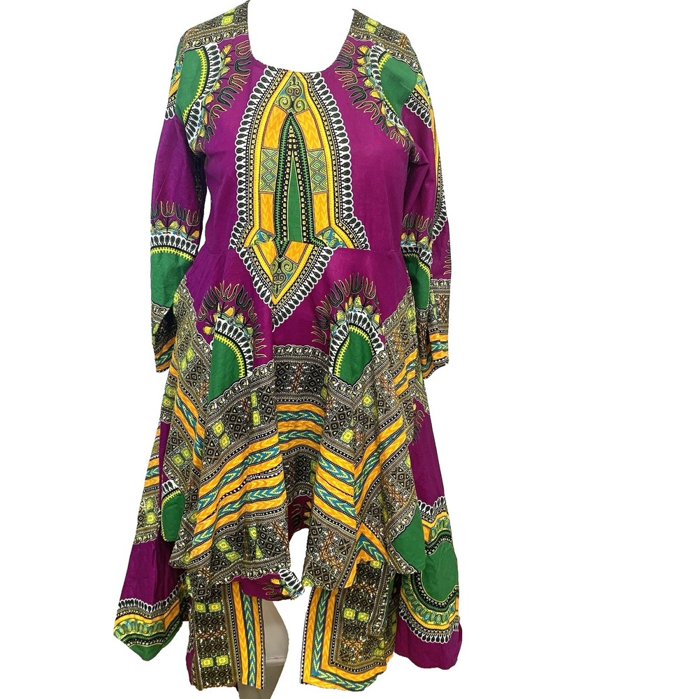 African Stars Vibrant Colorful Tiered‎ Dress One Size Pockets Flare 100% Cotton